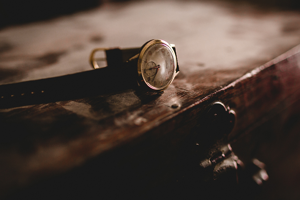 Unique closeup shot of an old brown wrist watch