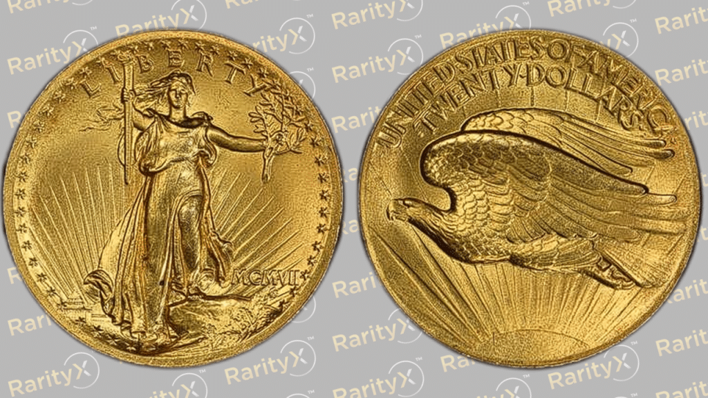 front and back of The 1907 High Relief Saint-Gaudens Double Eagle coin